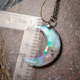 Clear small Moon pendant with irisation, crescent watercolor Lunula, Double Horn Pendant, half moon, Boho Necklace - Luna,