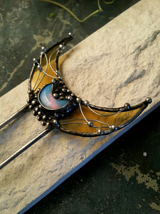 Stain Glass yellow Hair Fork, Bun Brass Holder, Hair Pin