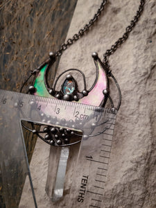 Quartz and Stain Glass Moon pendant with irisation, bright necklace Lunula, Double Horn Pendant, half moon, Boho Necklace - Luna.