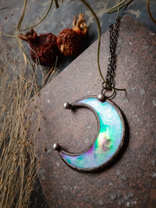 Clear small Moon pendant with irisation, crescent watercolor Lunula, Double Horn Pendant, half moon, Boho Necklace - Luna,