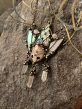 Pendant- cosmo-elf. Necklace with clay mask, natural moonstone, quartz cerystal. Steampunk pendant, witchcraft