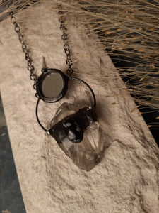 Necklace with Snow Obsidian, Raw Crystal and Mirror.