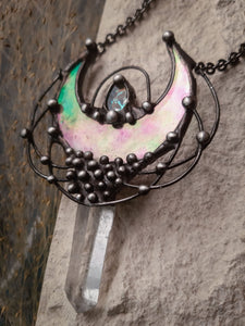 Quartz and Stain Glass Moon pendant with irisation, bright necklace Lunula, Double Horn Pendant, half moon, Boho Necklace - Luna.